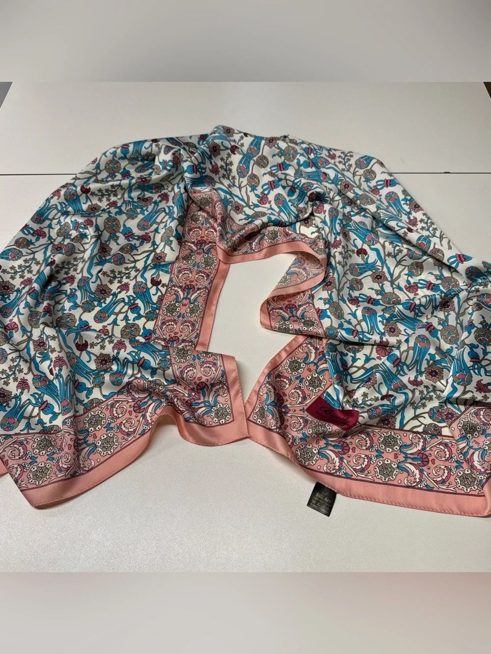 Bursa‎ Silk Art Scarf Wrap Oblong Made in Turkey Floral Pink Blue 66